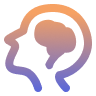 Brain icon featuring a vibrant purple and orange outline, symbolizing creativity and intelligence.