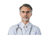 A bespectacled male provider with a stethoscope projects a professional medical image.